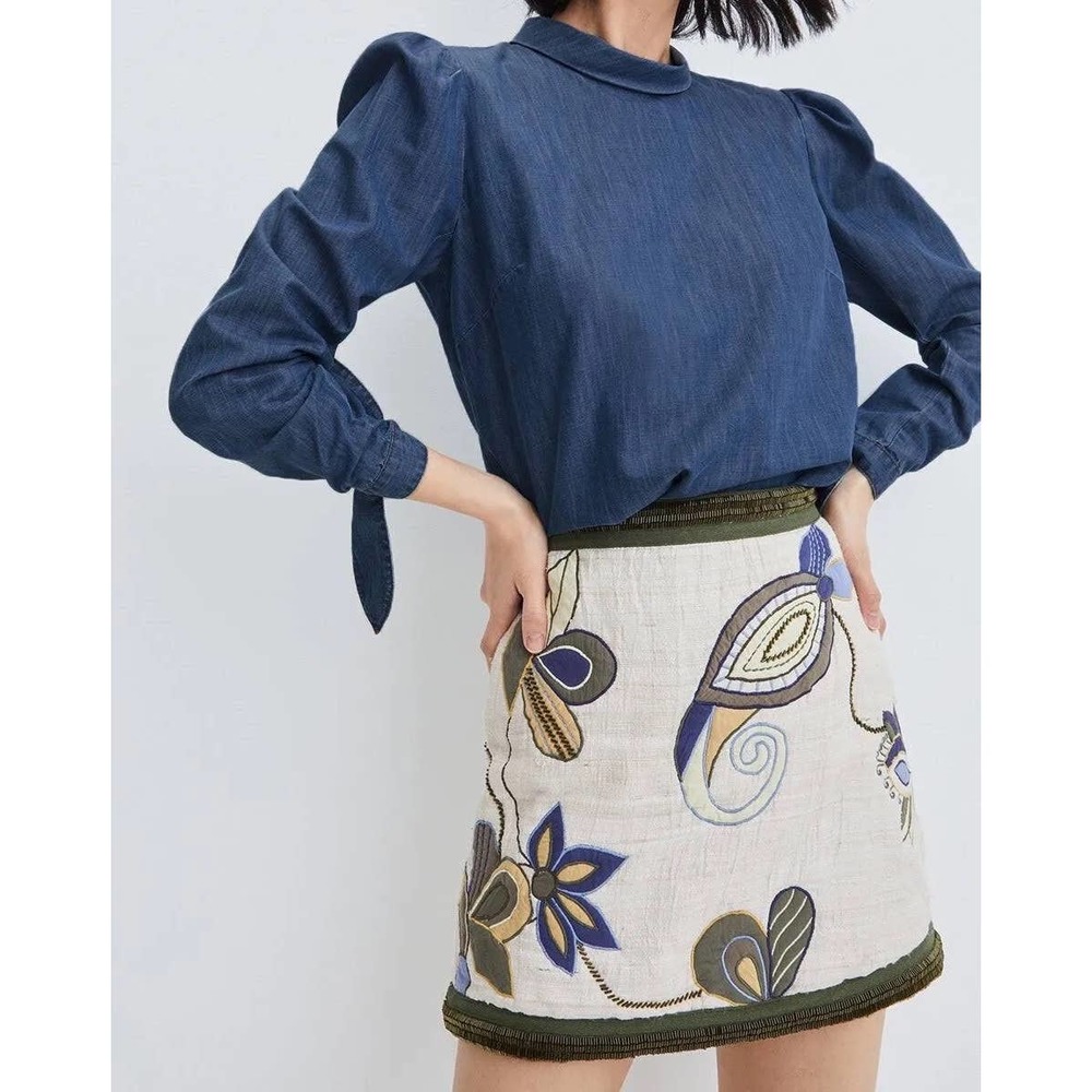 Veronica Beard Cream Embroidered Mini Skirt with Blue & Olive Accents